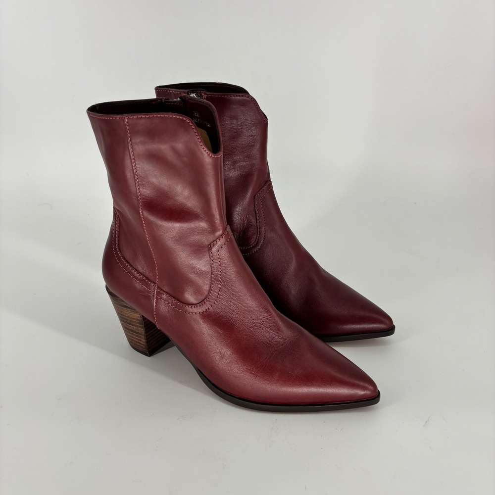 Linea Paolo Wonder Ankle Boot Burgundy Red Women Size 7.5 Pointed Toe Block Heel